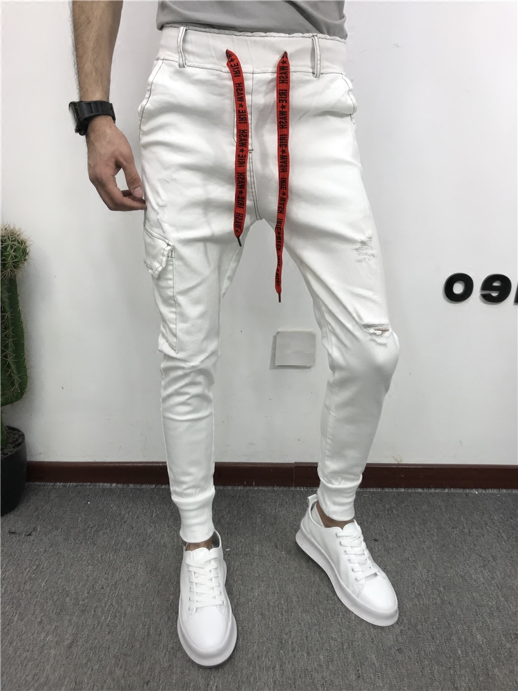 汰潮衣员快手红人高迪同款白色牛仔裤时尚潮男破洞潮裤社会精神小伙百搭裤0
