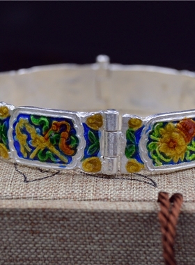 古风烧蓝原创八宝老式纯银手镯