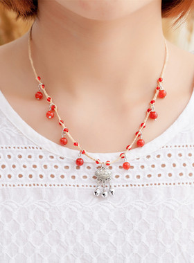 饰品民族风拉菲草项链长命锁