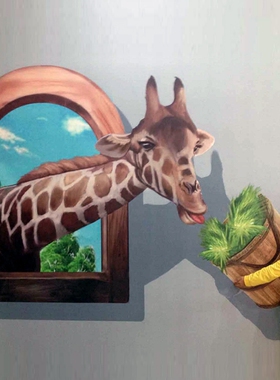3D画馆画展墙画壁纸墙贴立体三维涂鸦设计定制油画框大象木桶喝水