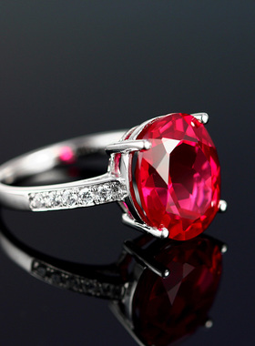 彩宝红宝石925纯银戒指镀18K白金镶钻椭圆形彩色宝石珠宝指环女款