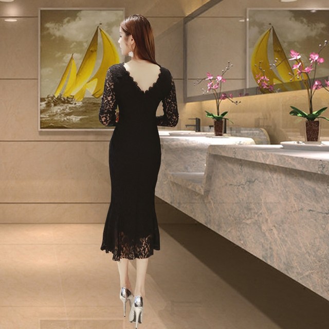 Spring lace round neck mid-length plus size hip skirt