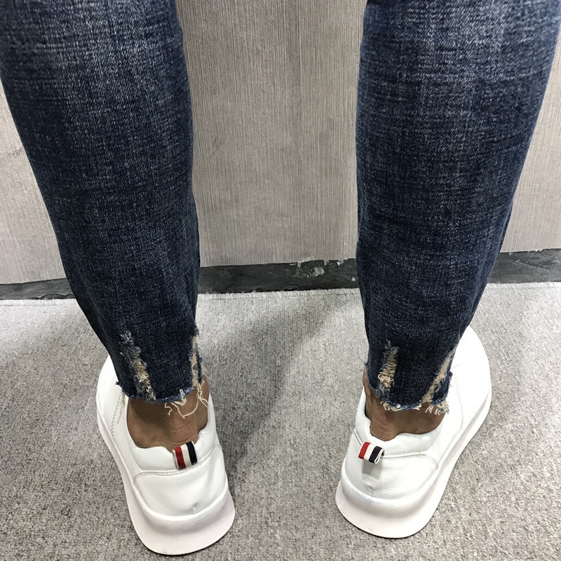小胖潮男地带潮男快手红人同款韩修身小脚紧身破洞深蓝九分牛仔裤社会精神小伙2