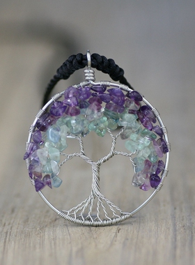 彩萤石吊坠项链原创发财树长款