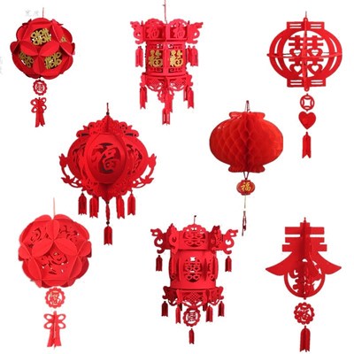 新年装饰无纺布大红宫灯春节布置结婚福春喜字小灯笼圣诞元旦挂饰 虎窝淘