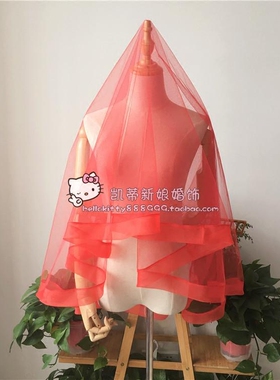 凯蒂新款大红色包边新娘结婚头纱