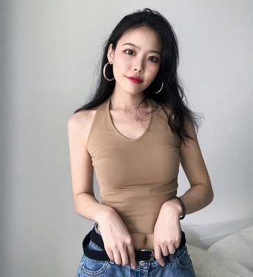 DQSTORE2018夏季新款欧美性感卡其色挂脖露背吊带背心上衣女