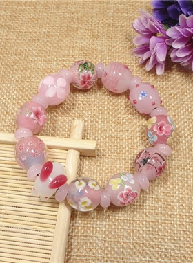 日式琉璃浪漫粉色花送兔子珠子
