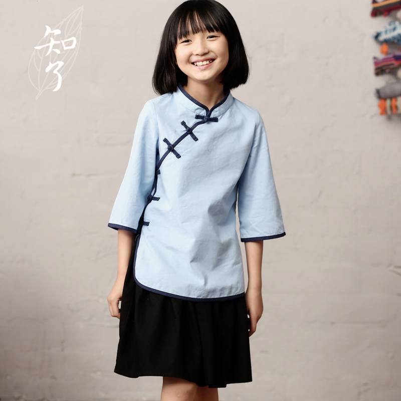 知了童裝 春夏民國風學生套裝中式襯衫半裙女童文藝演出服K5711