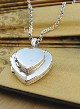 纯银光面可以打开爱心形吊坠项链