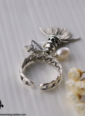 纯银流苏哥特风五角星字母戒指