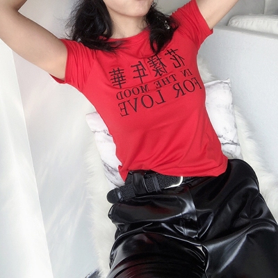 DQSTORE港味花样年华夏季新款红色复古刺绣修身短袖T恤女上衣