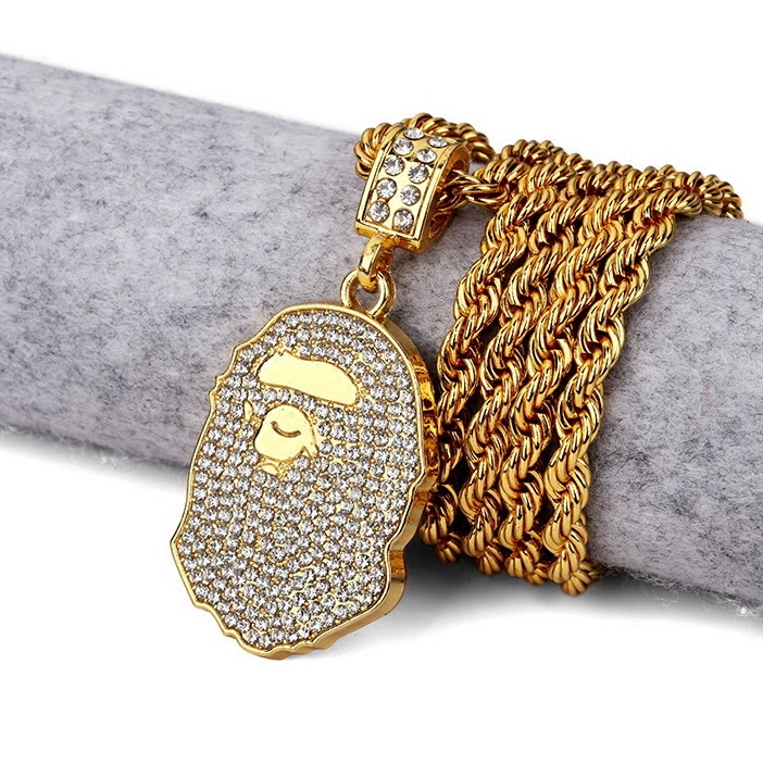Hiphop Chain Chris Brown同款手工镶钻猿人头吊坠嘻哈项链配饰品_虎窝淘