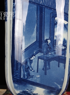 景德镇四方青花瓷罐子麒麟摆件