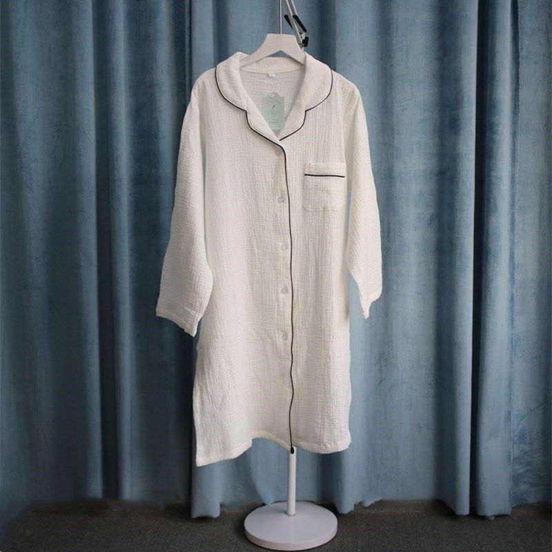 日系春夏女式全棉双层棉纱纱布长袖睡裙柔软绉纱简约纯色白色睡衣,淘宝优惠券,粉丝福利购,淘宝优惠卷