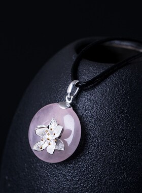 s925银花朵项坠女复古文艺东陵玉平安扣分色莲花黑皮绳短款锁骨链