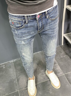 潮牌韩版潮流休闲弹力九分裤子春夏浅色男复古刺T绣修身牛仔烟管