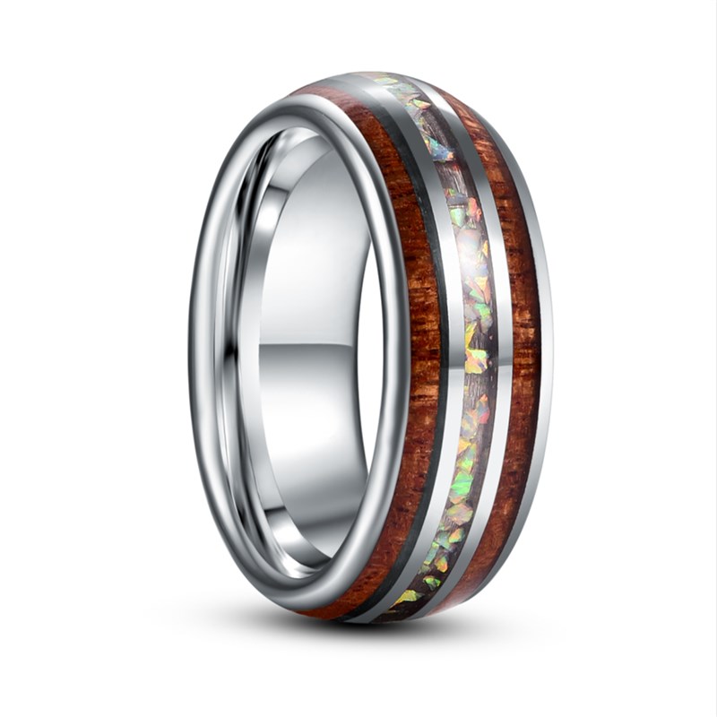 速发8mm Inlaid Wood Dome Men Tungsten Carbon Ring Opal Coupl - 图0