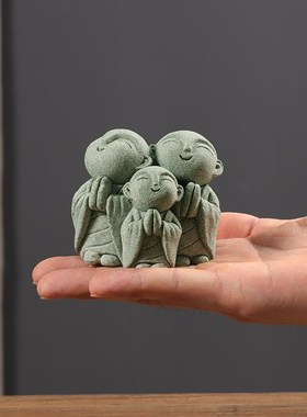 禅意地藏佛陀小和尚摆件青砂石茶宠鱼缸造景盆景微景观造景装饰品