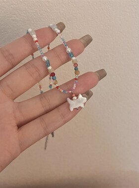未泯童心 彩色多巴胺天然石u米珠项链小众ins锁骨链可爱猫咪颈链