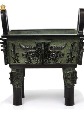 青铜鼎摆件仿古青铜器四方兽面鼎工艺品香炉公司开业招财落地铜鼎