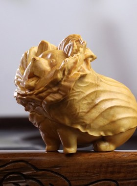 黄杨木雕木质手把件蔬菜精灵白菜狗桌面小摆件可爱手办动物装饰品