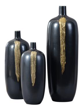 样板房售楼部装饰罐家居黑色鎏金陶瓷花瓶现代中式简美工艺品摆件