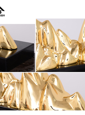 酒店玄关过道电梯口摆件样板间门厅客厅家居装饰品假山电镀工艺品