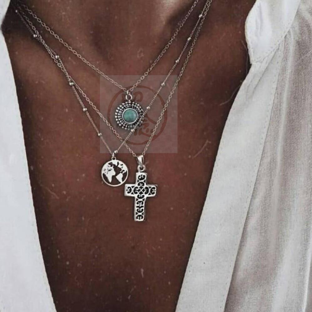 速发。Fashion Necklace map cross micro Inlaid Turquoise mult - 图0