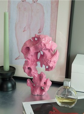 新中式粉色太湖石渐变花瓶山峰书挡美学软装饰电视柜书架艺术摆件