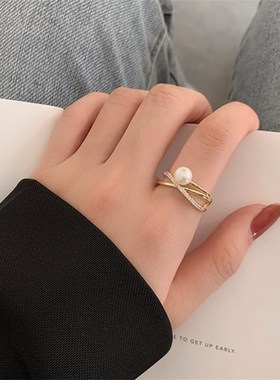 韩版轻奢精致高级感珍珠戒指女款2024年新款潮小众食指戒指环多层