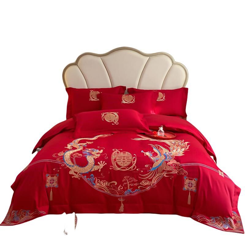 新中式龙凤刺绣结婚四件套全棉2024新款红色被套婚庆床上用品,淘宝优惠券,粉丝福利购,淘宝优惠卷