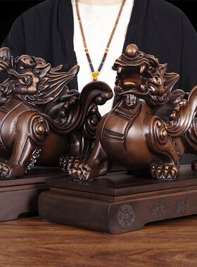 实木雕招财貔貅摆件一对手工艺品家居开业送礼品客厅商铺装饰聚财