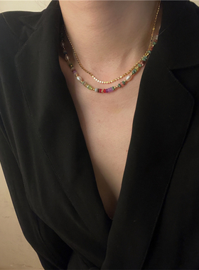 安小柏◆b太美!天然石天然珍珠彩色串珠锁骨链项链手链女复古叠戴