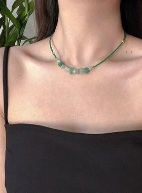 新中式国风天然东夷玉项链绿色猫眼石J串珠项链轻奢女生锁骨链