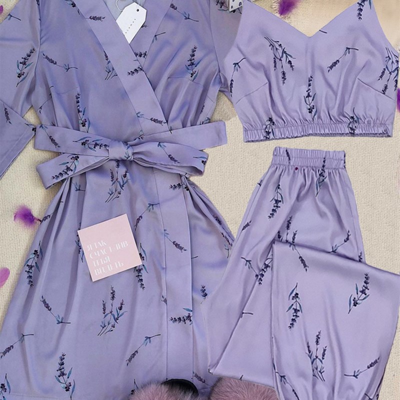 Sexy Flower PRint Widdeng robe BSet Silk Sleepwear Casual In - 图1