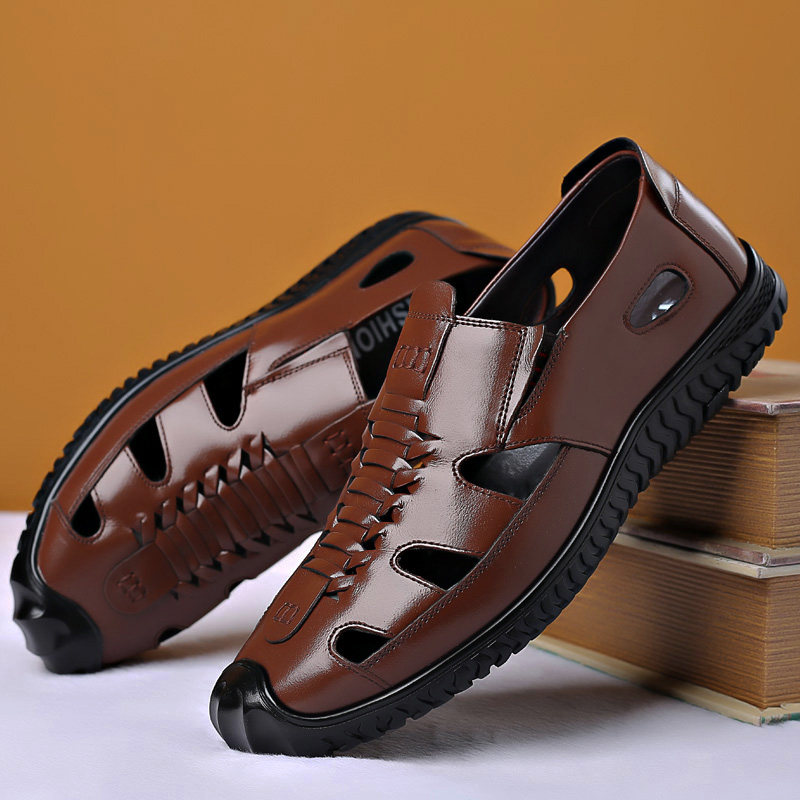 新款夏季男凉鞋真皮镂空皮鞋透气男士皮凉鞋中老年休闲爸爸鞋子男,淘宝优惠券,粉丝福利购,淘宝优惠卷