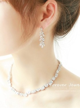 精致奢华新娘锆石项链耳环套装结婚饰品婚纱礼服配饰晚宴锁骨首饰