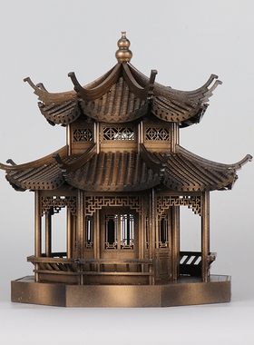 新中式禅意古铜色建筑中国风玄关柜茶桌八角凉亭样板W间售楼部摆