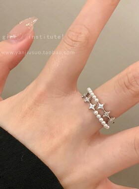 工厂销双层锆石珍珠m戒指女小众设计开口可调节食指戒轻奢高级感
