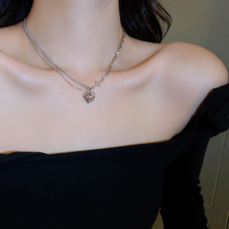 新品Fashion Double Layer Chain Splicing Heart Necklaces Crys - 图3