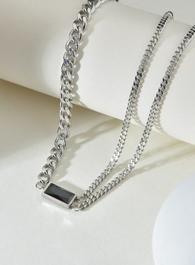 欧美inse个性黑色方钻项链 钛钢嘻哈方块短款颈链网红简约气质吊