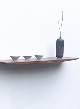 黑胡桃实木一字搁板禅意新中式置物架层板陈列架简约墙上装饰隔板