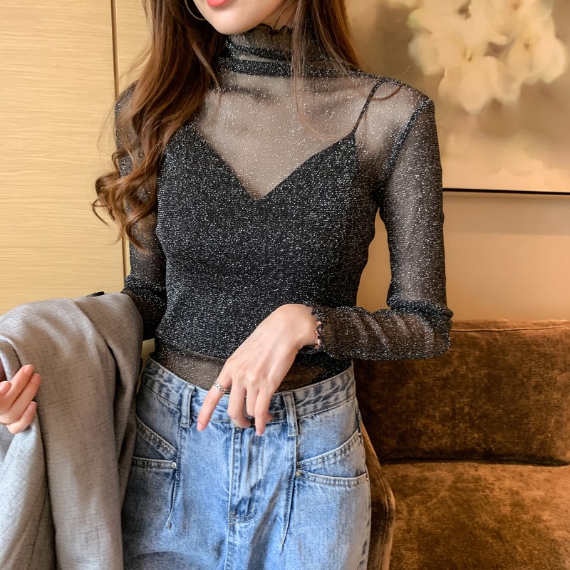 网红Girls Mesh Blouses Tees Female Autumn Transparent Full S - 图2