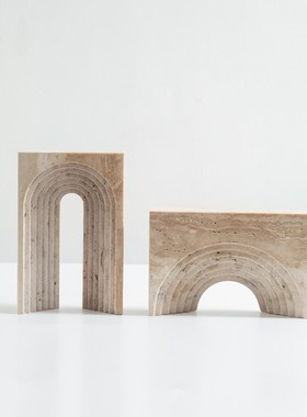 极简黄洞石几何摆件创意层u叠拱门侘寂风摆设样板房售楼处软装饰