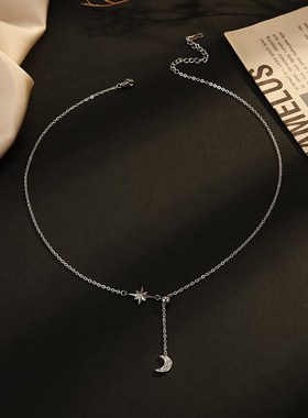 欧美14cK镀金时尚星星月亮钛钢项链女INS风小众设计不锈钢吊坠饰