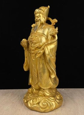 黄铜鎏金财神爷佛像摆件元宝如意站财神铜像大号家居客厅供养神像