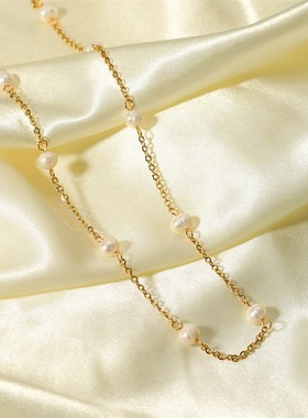 欧美INS时尚锁骨链女高级感w轻奢小众不锈钢18K金天然淡水珍珠项