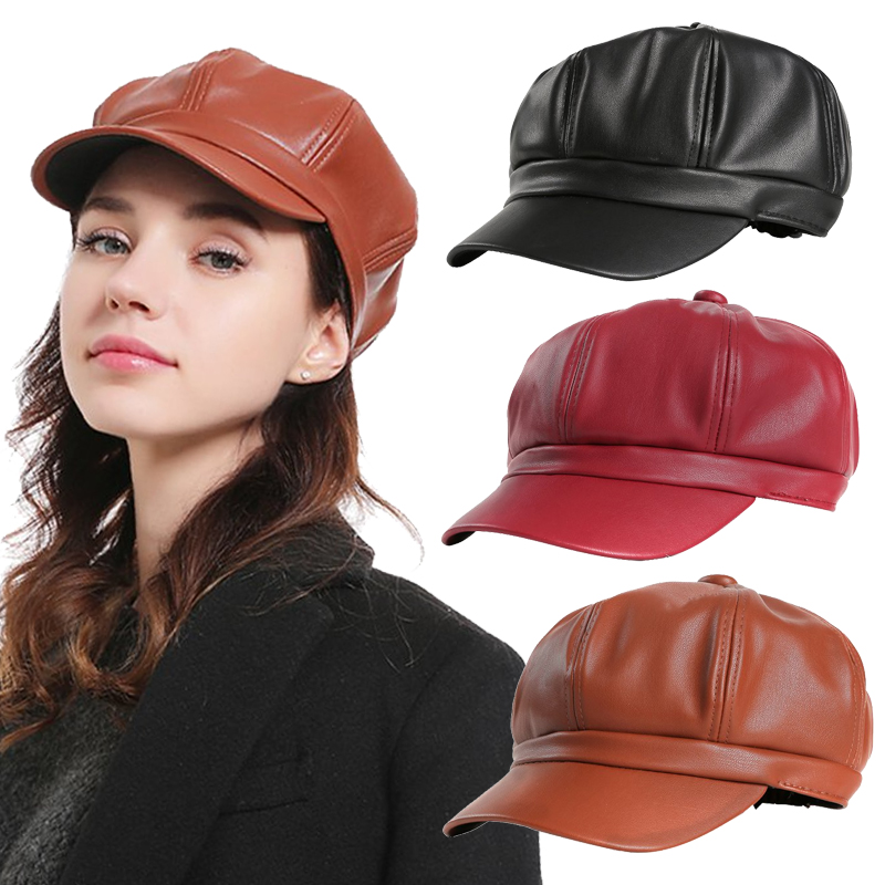 速发Fashion Leather Newsboy Cap Quality Artist PU Leather Fe - 图1