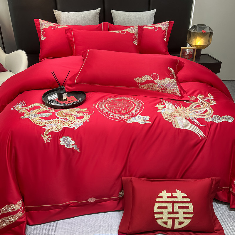 高档四件套大红色全棉龙凤结婚喜被牀单笠牀上用品新婚庆房嫁礼中,淘宝优惠券,粉丝福利购,淘宝优惠卷